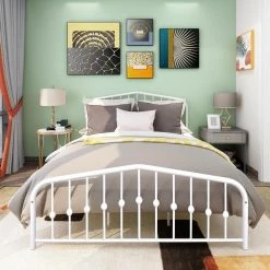 83.07 in. W White Queen Size Metal Platform Bed by ATHMILE -ATHMILE Sales Store white athmile panel beds gz b2w20221560 31 1000