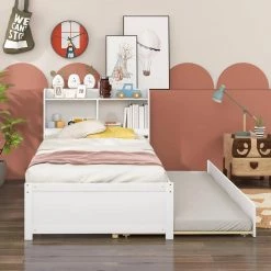 85.2 in. W White Twin Bed with Trundle, Bookcase by ATHMILE 11 85.2 in. W White Twin Bed with Trundle, Bookcase by ATHMILE -ATHMILE Sales Store white athmile platform beds gz b2w20220947 31 1000
