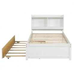 85.2 in. W White Twin Bed with Trundle, Bookcase by ATHMILE