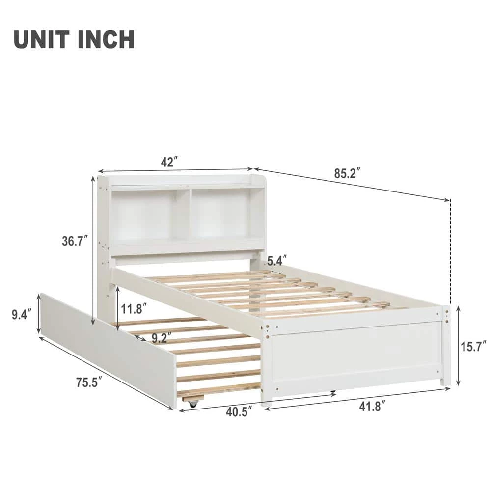 85.2 in. W White Twin Bed with Trundle, Bookcase by ATHMILE 3 85.2 in. W White Twin Bed with Trundle, Bookcase by ATHMILE - Image 3
