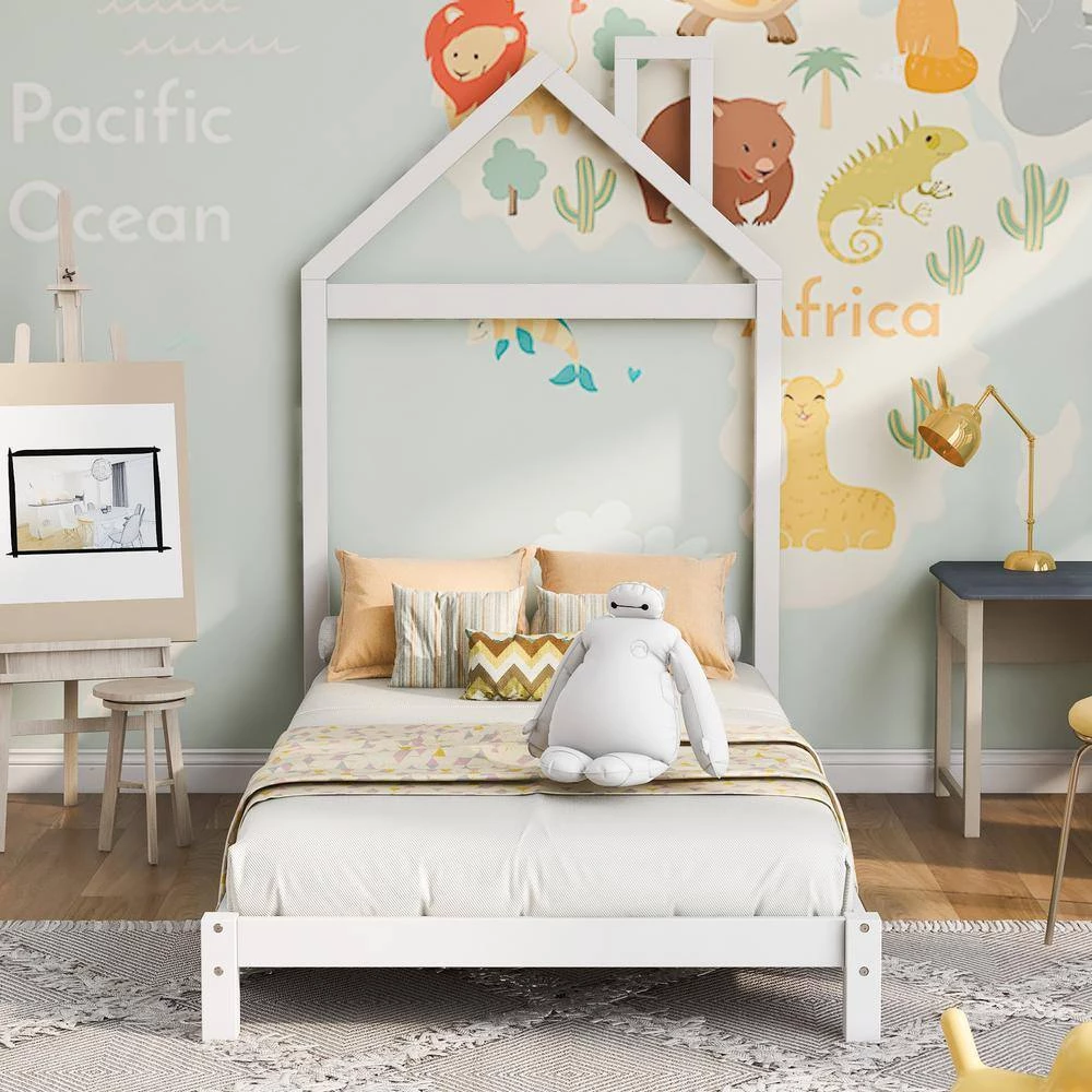 77.3 in. W White Twin Size Wood Platform Bed by ATHMILE 8 77.3 in. W White Twin Size Wood Platform Bed by ATHMILE - Image 8