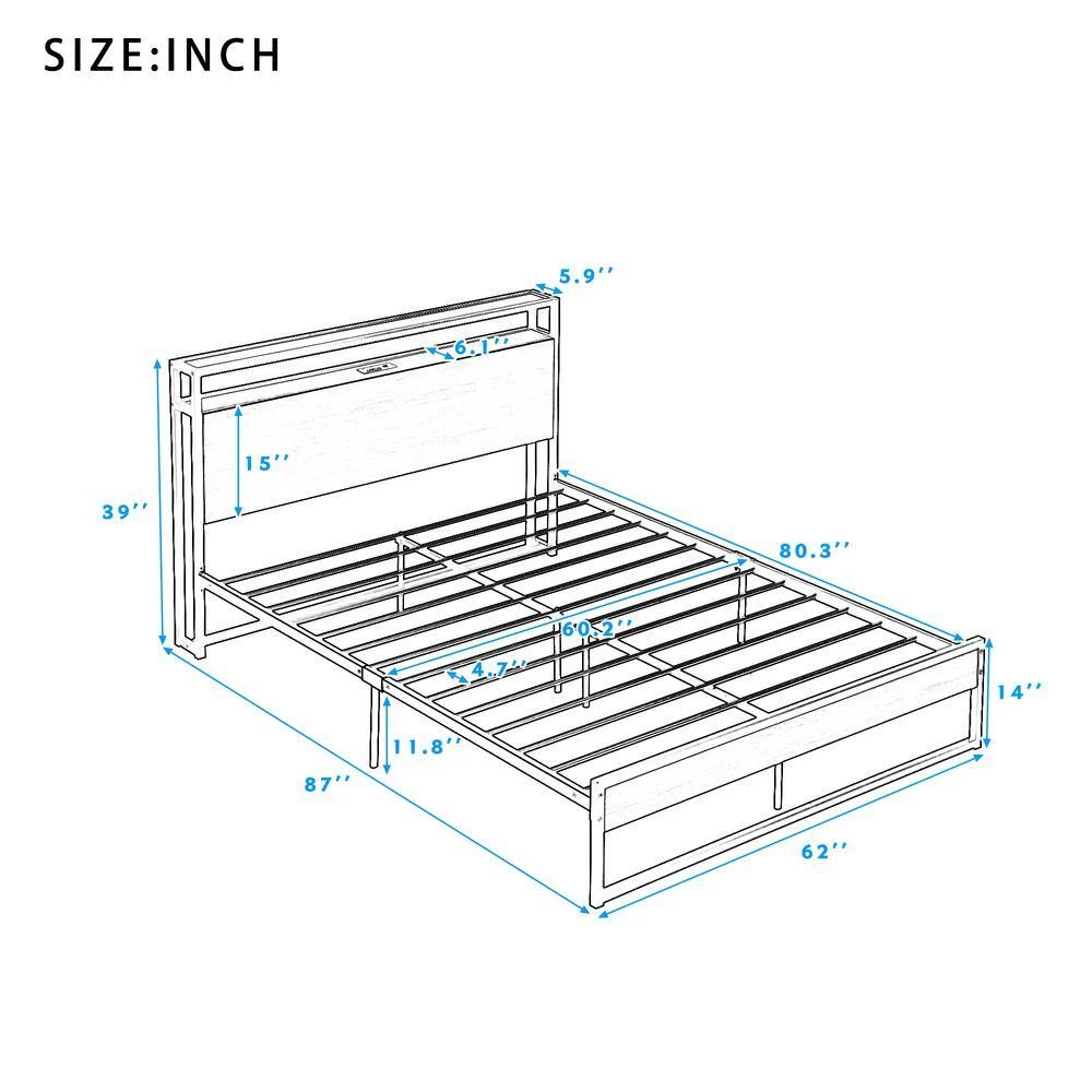 87 in. W White Queen Size Metal Platform Bed Frame with Sockets by ATHMILE 4 87 in. W White Queen Size Metal Platform Bed Frame with Sockets by ATHMILE - Image 4