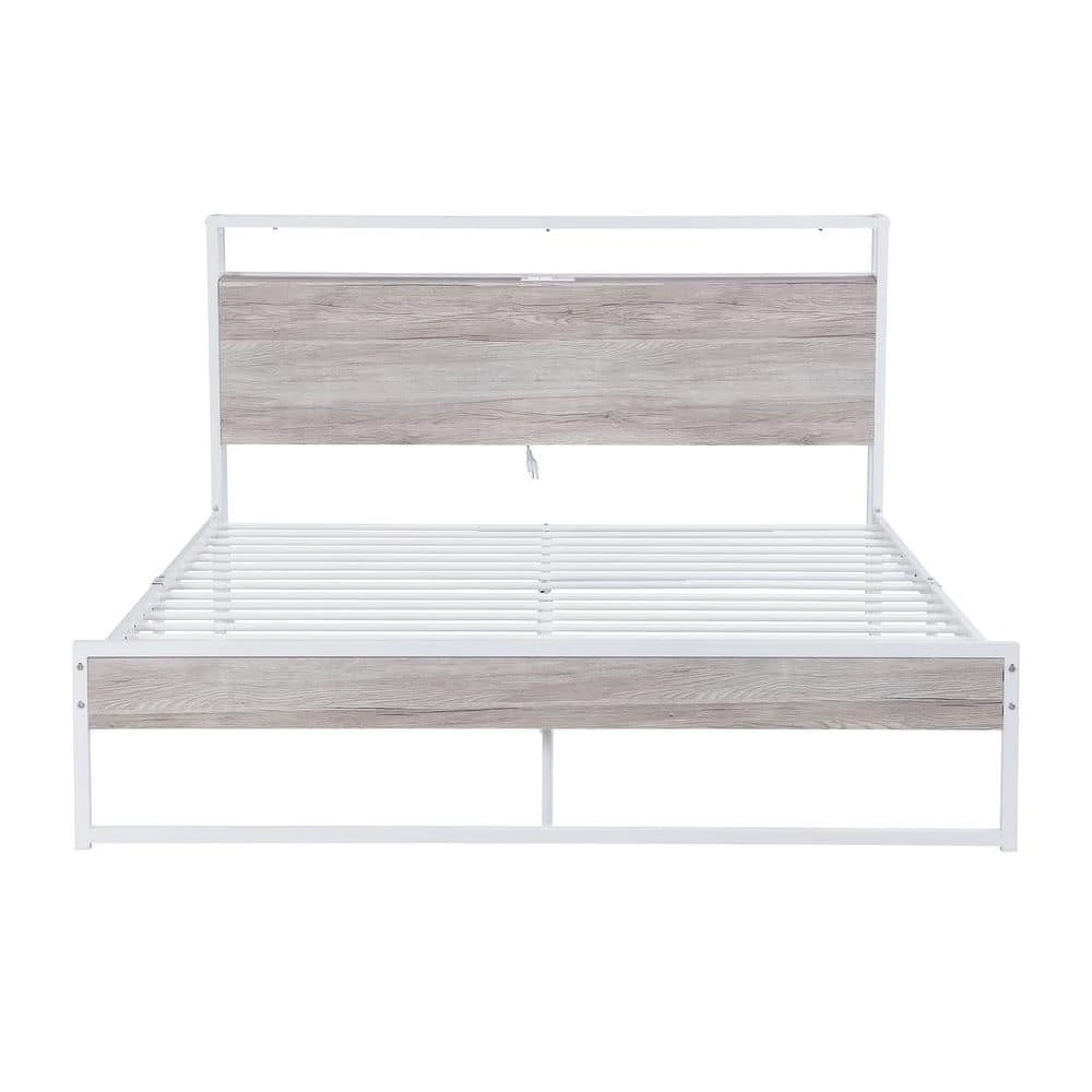 87 in. W White Queen Size Metal Platform Bed Frame with Sockets by ATHMILE 1 87 in. W White Queen Size Metal Platform Bed Frame with Sockets by ATHMILE