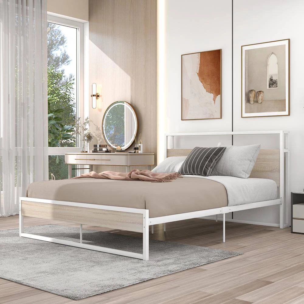 87 in. W White Queen Size Metal Platform Bed Frame with Sockets by ATHMILE 3 87 in. W White Queen Size Metal Platform Bed Frame with Sockets by ATHMILE - Image 3