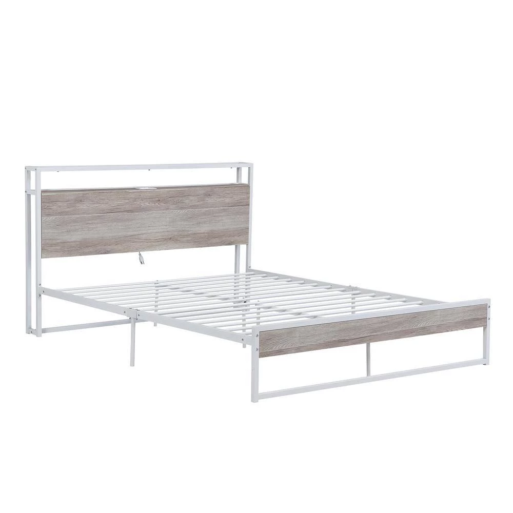 87 in. W White Queen Size Metal Platform Bed Frame with Sockets by ATHMILE 2 87 in. W White Queen Size Metal Platform Bed Frame with Sockets by ATHMILE - Image 2