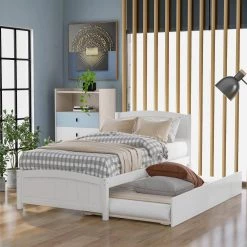 White Twin size Platform Bed with Trundle by ATHMILE -ATHMILE Sales Store white athmile platform beds gz wf194304aak 31 1000