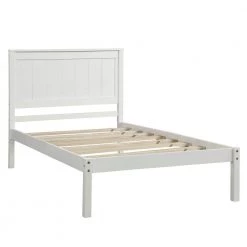 White Twin Size Platform Bed Frame with Headboard Wood Slat Support by ATHMILE