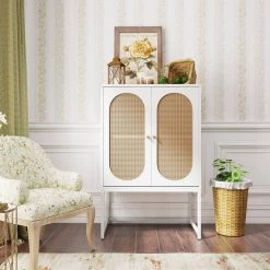 White Natural Rattan Sideboard with Adjustable Shelf by ATHMILE 11 White Natural Rattan Sideboard with Adjustable Shelf by ATHMILE -ATHMILE Sales Store white athmile sideboards buffet tables gz b2w20221287 c3 1000