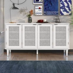 White Sideboard with Artificial Rattan Door and Unobtrusive Doorknob by ATHMILE 14 White Sideboard with Artificial Rattan Door and Unobtrusive Doorknob by ATHMILE -ATHMILE Sales Store white athmile sideboards buffet tables gz b2w20221431 4f 1000