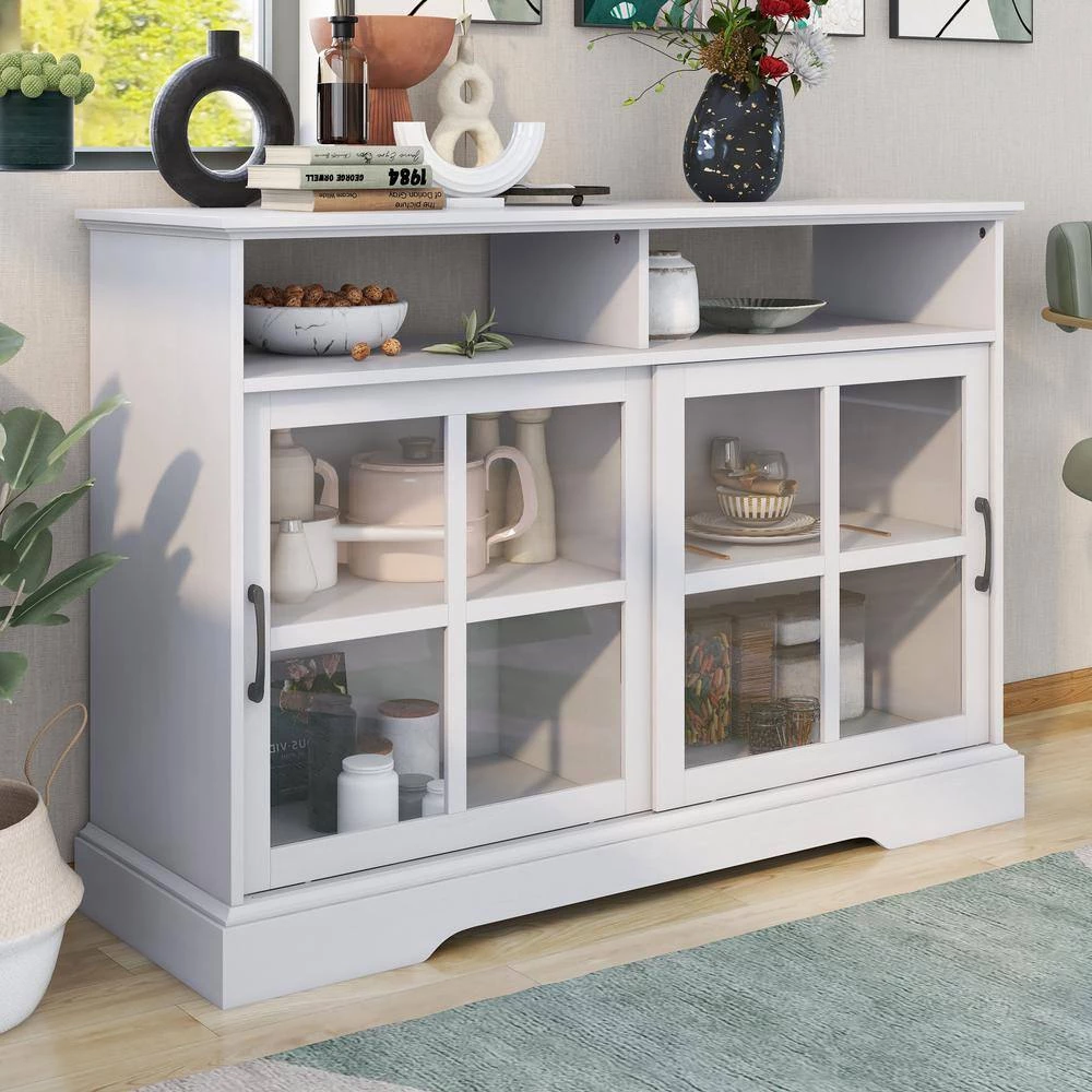 White Sideboard with 2-Glass Sliding Doors and Adjustable Shelves by ATHMILE 10 White Sideboard with 2-Glass Sliding Doors and Adjustable Shelves by ATHMILE - Image 10