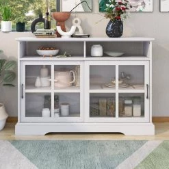 White Sideboard with 2-Glass Sliding Doors and Adjustable Shelves by ATHMILE 14 White Sideboard with 2-Glass Sliding Doors and Adjustable Shelves by ATHMILE -ATHMILE Sales Store white athmile sideboards buffet tables gz b2w20221454 4f 1000