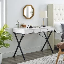 White 43.2 in. Rectangle MDF Table Top 2-Drawers Writing Desk with Black Stoving Varnish Steel Frame by ATHMILE -ATHMILE Sales Store white athmile writing desks gz w48735113 31 1000