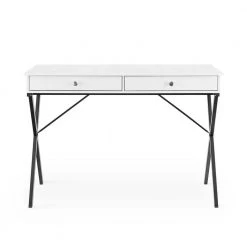 White 43.2 in. Rectangle MDF Table Top 2-Drawers Writing Desk with Black Stoving Varnish Steel Frame by ATHMILE