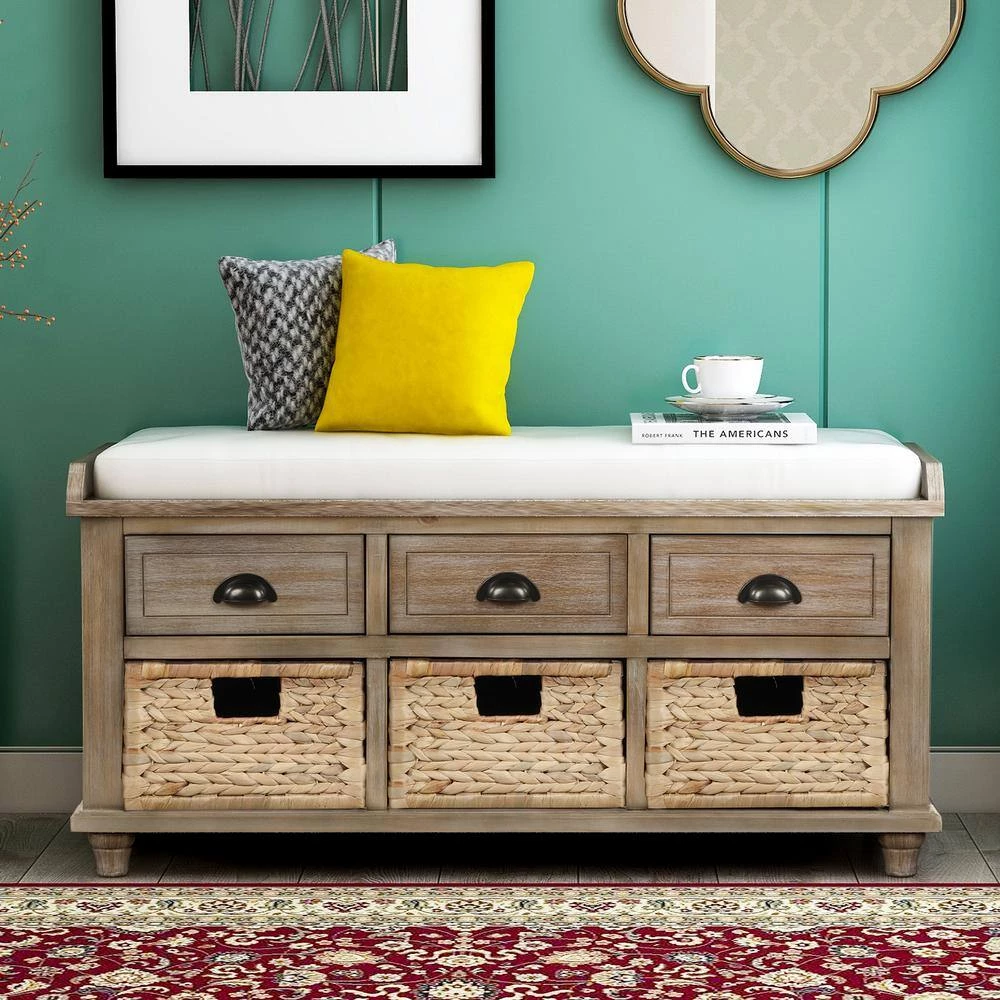 White Wash Storage Bench with 3-Drawers and 3-Rattan Baskets 42.1 in. L x 15.4 in. W x 18.7 in. H by ATHMILE 7 White Wash Storage Bench with 3-Drawers and 3-Rattan Baskets 42.1 in. L x 15.4 in. W x 18.7 in. H by ATHMILE - Image 7