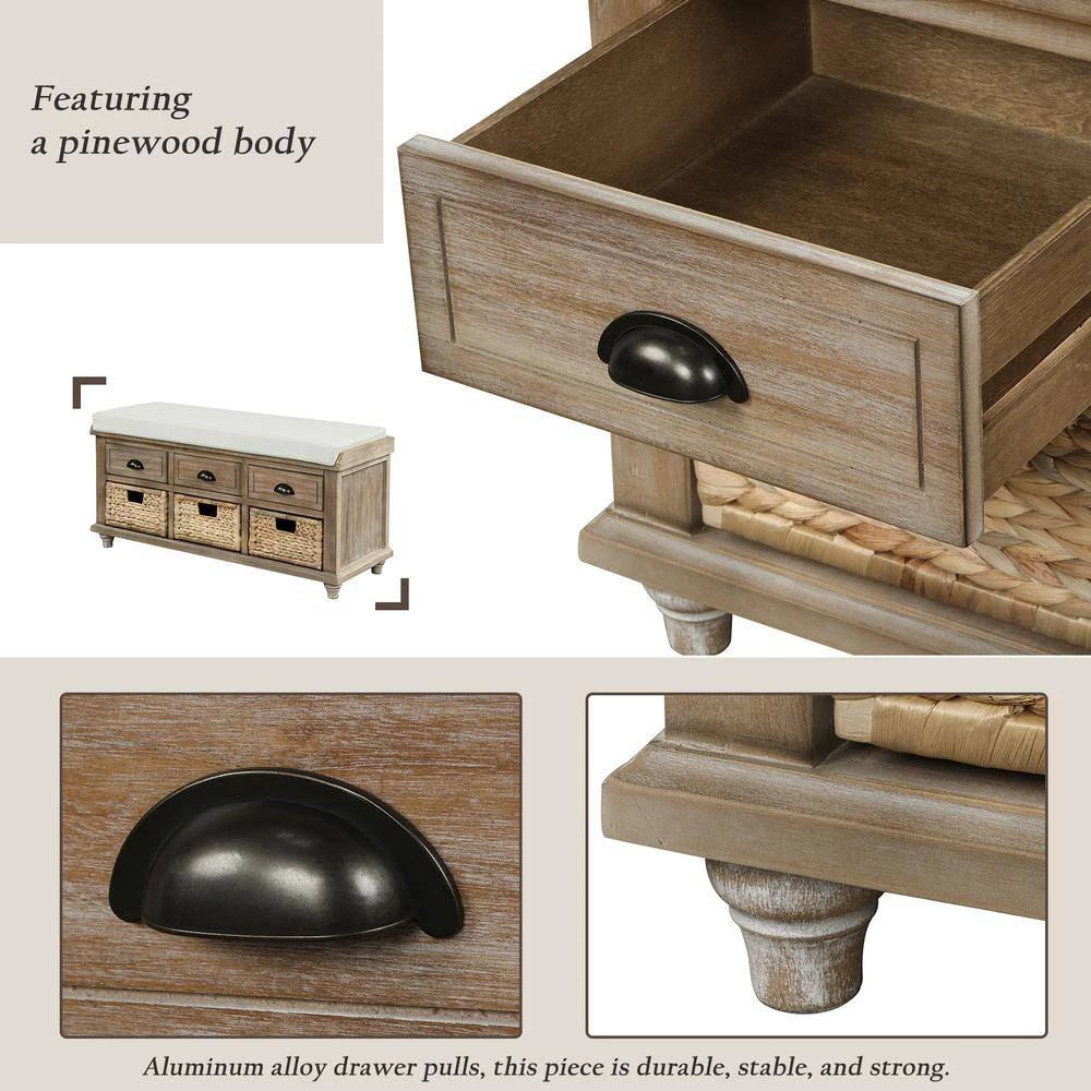 White Wash Storage Bench with 3-Drawers and 3-Rattan Baskets 42.1 in. L x 15.4 in. W x 18.7 in. H by ATHMILE 4 White Wash Storage Bench with 3-Drawers and 3-Rattan Baskets 42.1 in. L x 15.4 in. W x 18.7 in. H by ATHMILE - Image 4