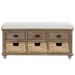 White Wash Storage Bench with 3-Drawers and 3-Rattan Baskets 42.1 in. L x 15.4 in. W x 18.7 in. H by ATHMILE