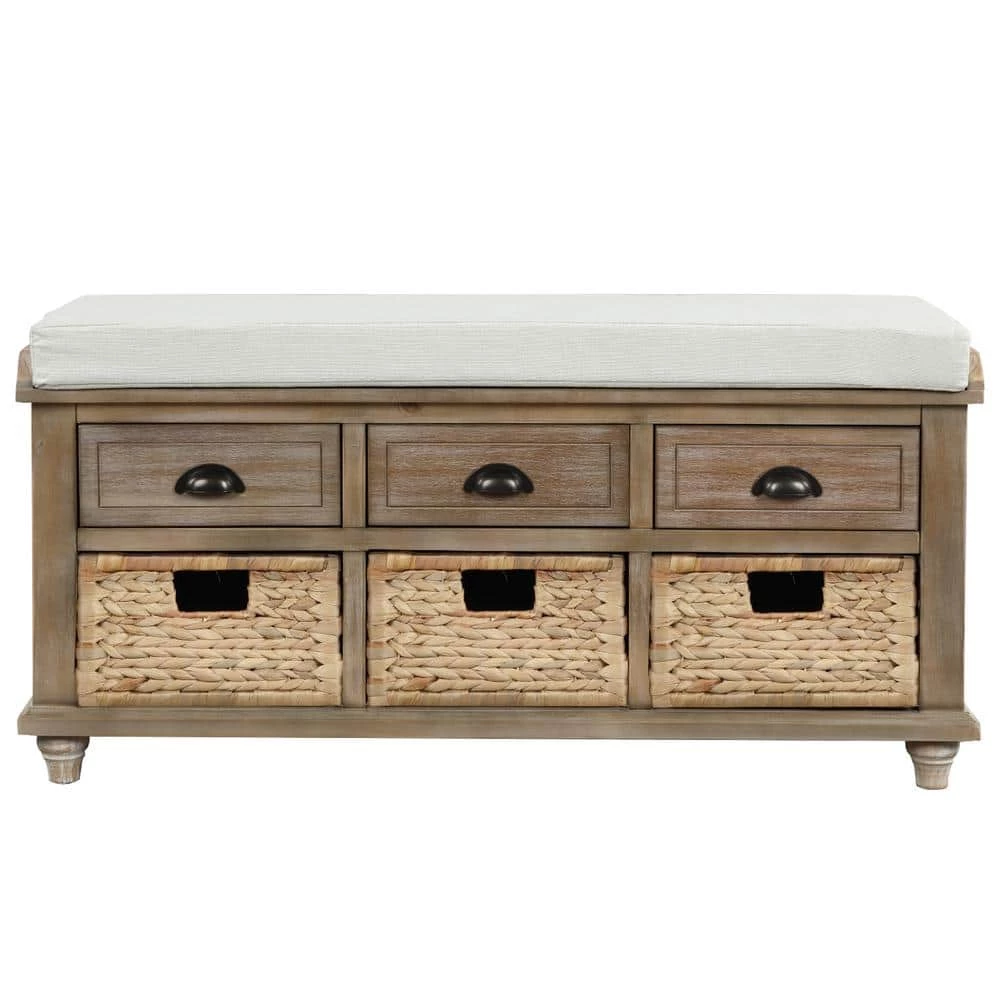 White Wash Storage Bench with 3-Drawers and 3-Rattan Baskets 42.1 in. L x 15.4 in. W x 18.7 in. H by ATHMILE 1 White Wash Storage Bench with 3-Drawers and 3-Rattan Baskets 42.1 in. L x 15.4 in. W x 18.7 in. H by ATHMILE
