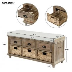 White Wash Storage Bench with 3-Drawers and 3-Rattan Baskets 42.1 in. L x 15.4 in. W x 18.7 in. H by ATHMILE 9 White Wash Storage Bench with 3-Drawers and 3-Rattan Baskets 42.1 in. L x 15.4 in. W x 18.7 in. H by ATHMILE -ATHMILE Sales Store white washed athmile dining benches gz b2w20220668 c3 1000