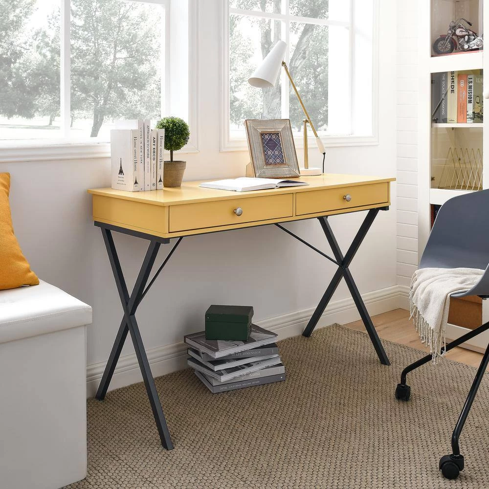 Yellow 43.2 in. Rectangle MDF Table Top 2-Drawers Writing Desk with Black Stoving Varnish Steel Frame by ATHMILE 8 Yellow 43.2 in. Rectangle MDF Table Top 2-Drawers Writing Desk with Black Stoving Varnish Steel Frame by ATHMILE - Image 8