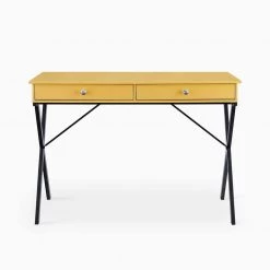 Yellow 43.2 in. Rectangle MDF Table Top 2-Drawers Writing Desk with Black Stoving Varnish Steel Frame by ATHMILE