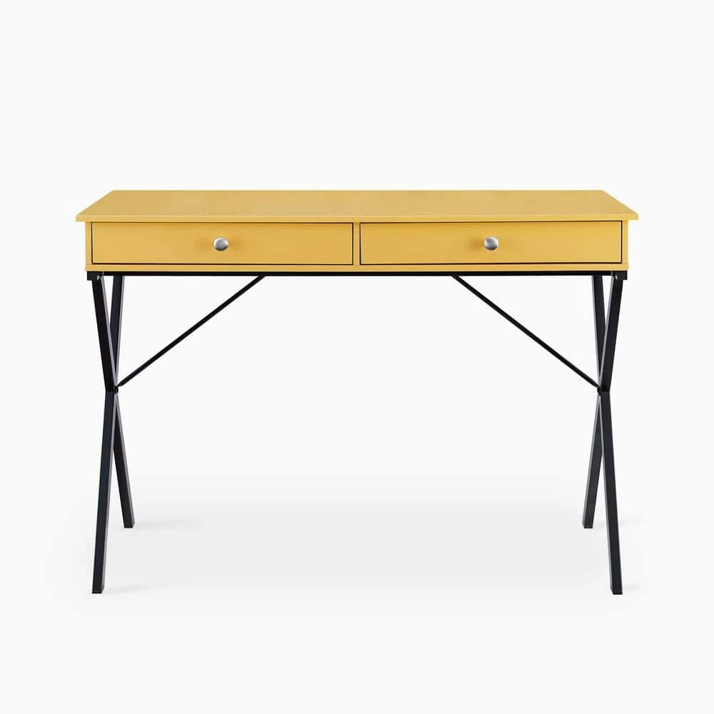 Yellow 43.2 in. Rectangle MDF Table Top 2-Drawers Writing Desk with Black Stoving Varnish Steel Frame by ATHMILE 1 Yellow 43.2 in. Rectangle MDF Table Top 2-Drawers Writing Desk with Black Stoving Varnish Steel Frame by ATHMILE