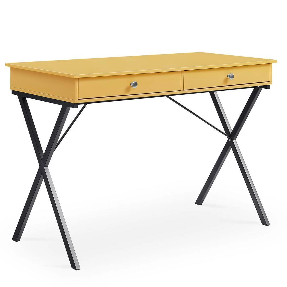 Yellow 43.2 in. Rectangle MDF Table Top 2-Drawers Writing Desk with Black Stoving Varnish Steel Frame by ATHMILE 2 Yellow 43.2 in. Rectangle MDF Table Top 2-Drawers Writing Desk with Black Stoving Varnish Steel Frame by ATHMILE - Image 2